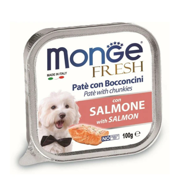 0745 Monge losos pasteta za pse 100g Monge losos Pašteta za pse sa komadićima lososa 100g - Slika 1