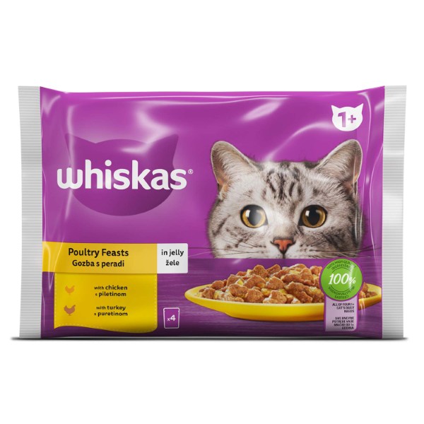 1744 Whiskas kesice zivina zele 4x85g Whiskas Pure Delight Multipack za mačke Adult Izbor živine u želeu 4x85g - Slika 1