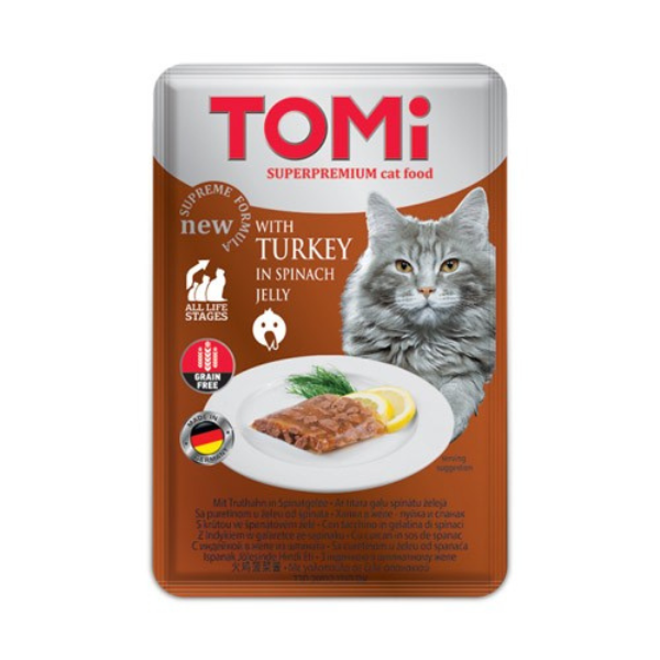 3647 Tomi GF Cat sos curetina spanac 100gr Tomi GF Cat sos za mačke Ćuretina, Spanać u želeu 100gr - Slika 1