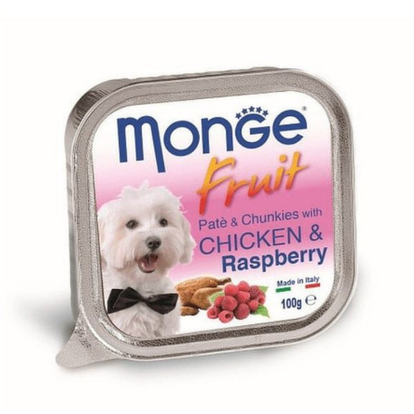 6524 Monge Fruit pile,malina 100gr Monge Fruit piletina,malina Pašteta za pse 100gr - Slika 1